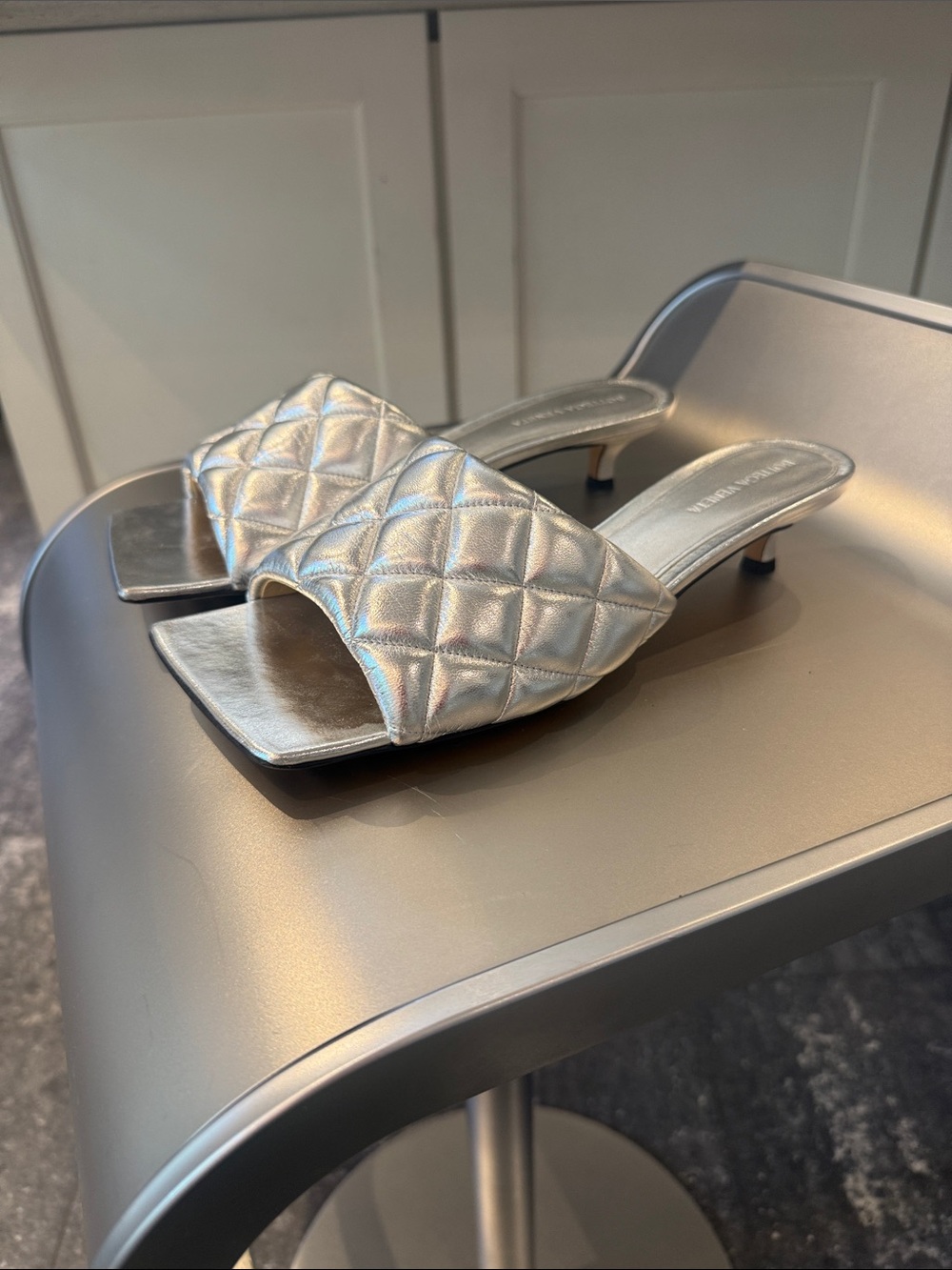 Bottega Veneta Quilted Padded Metallic Silver Slide 1 1/2” kitten heel - Picture 1 of 11
